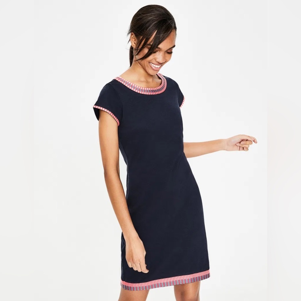 Boden Sena Embroidered Jersey Knit Dress Navy Pink 6R UK10 Classic Summer Spring - Picture 1 of 10